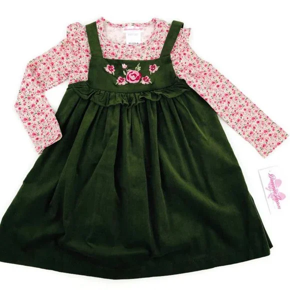 green corduroy jumper dress Hunter Green Short Dress with Ruffle Bell Sleeves